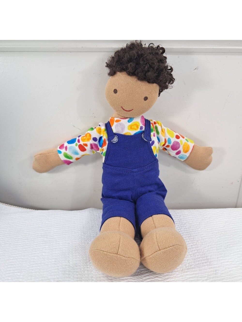 Lovevery Quinn plush doll Curly Hair Gender Neutral Blue Overalls Montessori